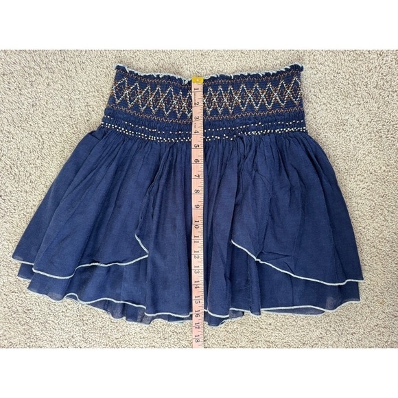Free People Navy Blue Smocked Embroidered Tiered Ruffle Mini Skirt Boho Womens - Picture 8 of 11